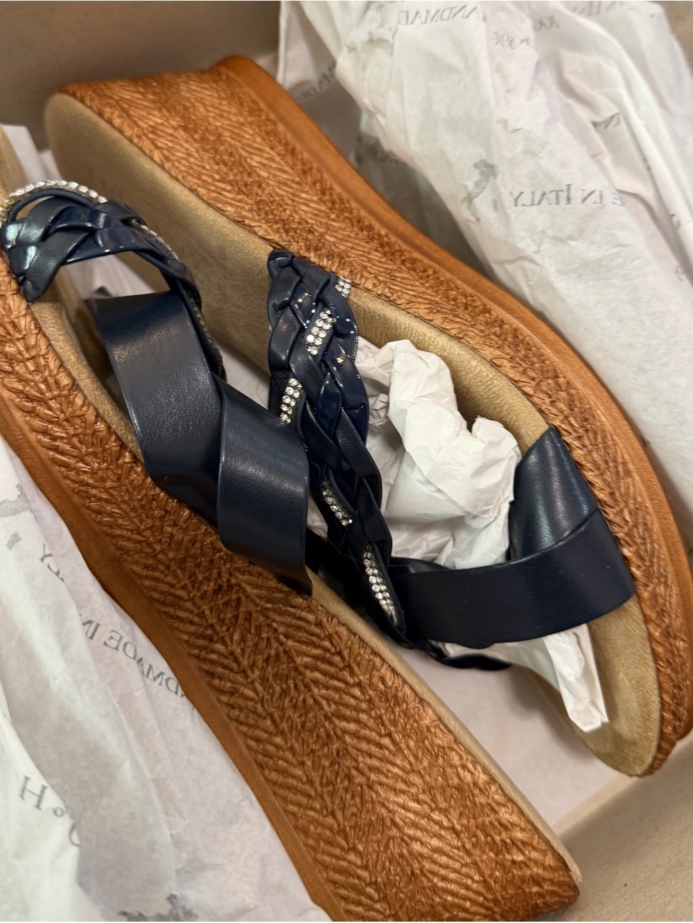 New: Tuscany Navy Blue Women’s Navy Braided Wedge Sandals with Rhinestone Accent